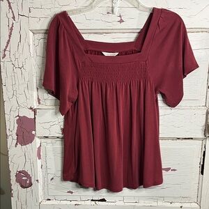 Lucky Brand Burgundy Square Neck Blouse Cotton/Modal Blend Sz Small